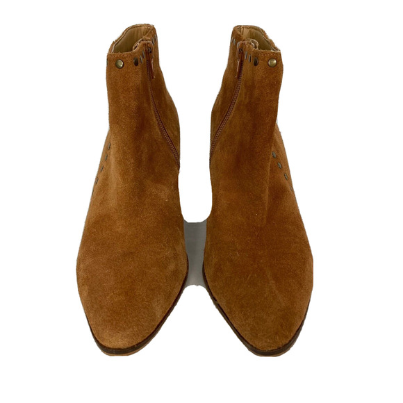 Lucky Brand Boots Womens Sz 7.5 Linnea Tan Suede Leather Gold Studded Heel Ankle - Picture 2 of 11